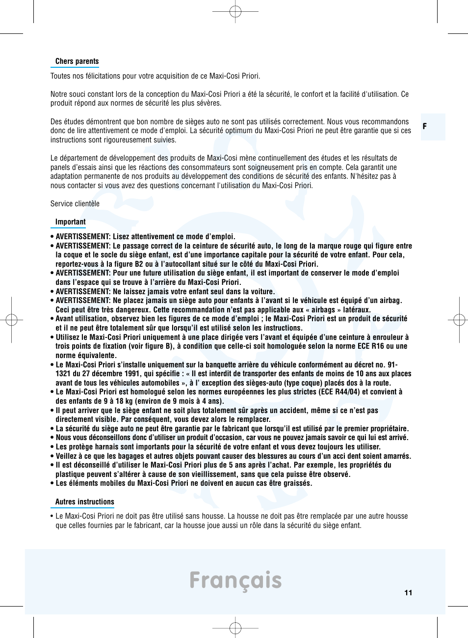 Français | Maxi-Cosi Priori Side Protection System User Manual | Page 11 / 40