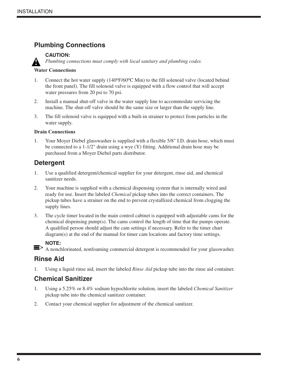 Plumbing connections, Detergent, Rinse aid | Chemical sanitizer | Moyer Diebel MD18-1 User Manual | Page 12 / 44