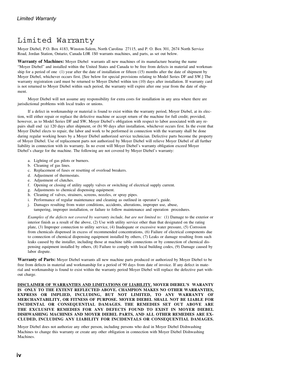 Limited warranty | Moyer Diebel MD1000HT User Manual | Page 6 / 80