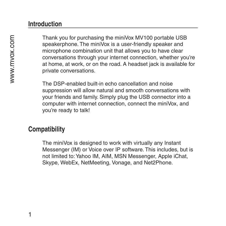 Compatibility, Introduction | MVOX electronic miniVox-MV100 User Manual | Page 2 / 8
