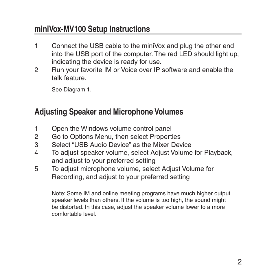 Minivox-mv100 setup instructions, Adjusting speaker and microphone volumes | MVOX electronic miniVox-MV100 User Manual | Page 3 / 8