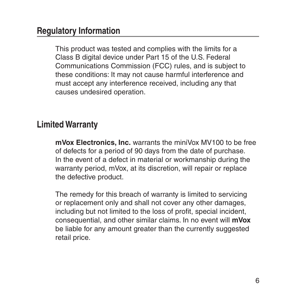 Regulatory information, Limited warranty | MVOX electronic miniVox-MV100 User Manual | Page 7 / 8