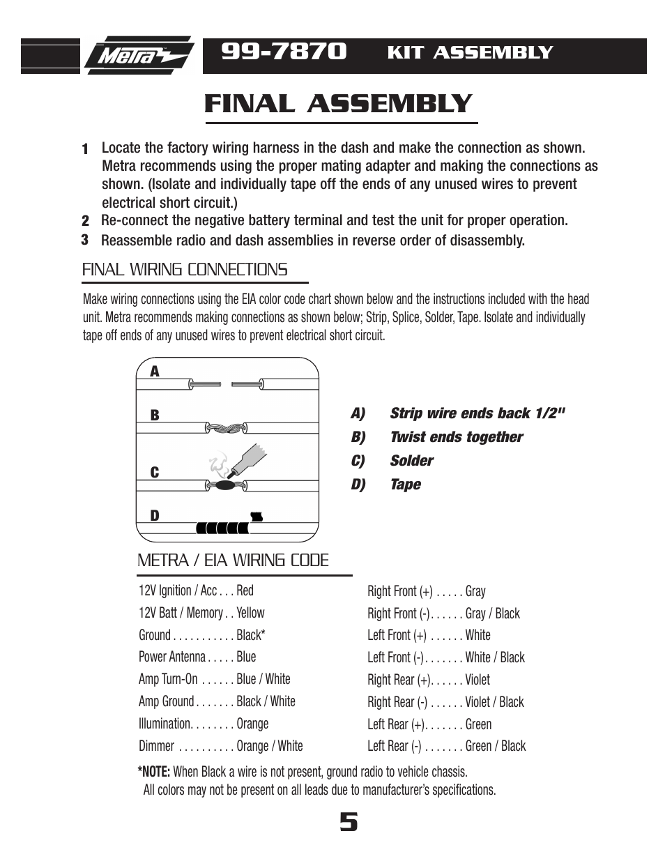 Final assembly, Metra / eia wiring code final wiring connections, Kit assembly | Metra Electronics HONDA RIDGELINE 99-7870G User Manual | Page 7 / 8