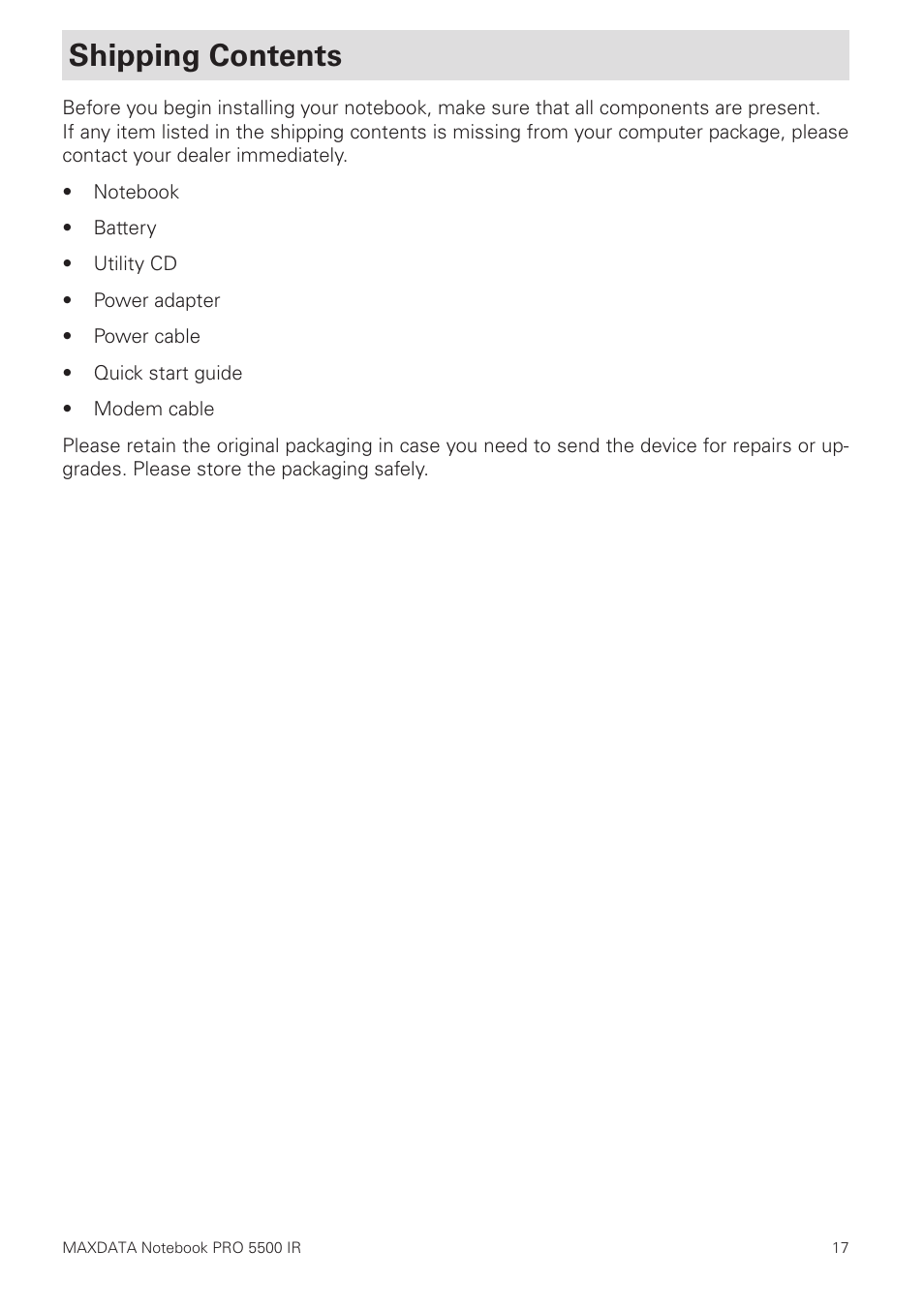Shipping contents | MAXDATA NOTEBOOK PRO 5500 IR User Manual | Page 17 / 48