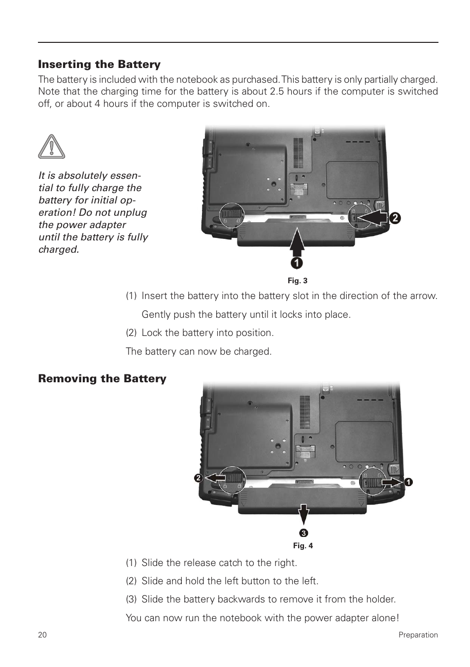 Inserting the battery, Removing the battery | MAXDATA NOTEBOOK PRO 5500 IR User Manual | Page 20 / 48