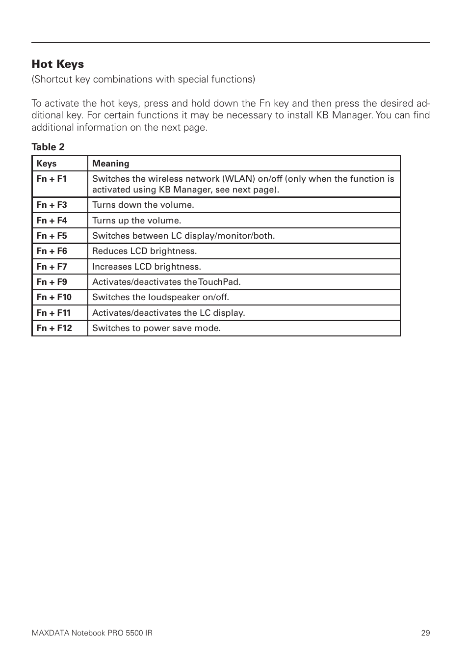 Hot keys | MAXDATA NOTEBOOK PRO 5500 IR User Manual | Page 29 / 48