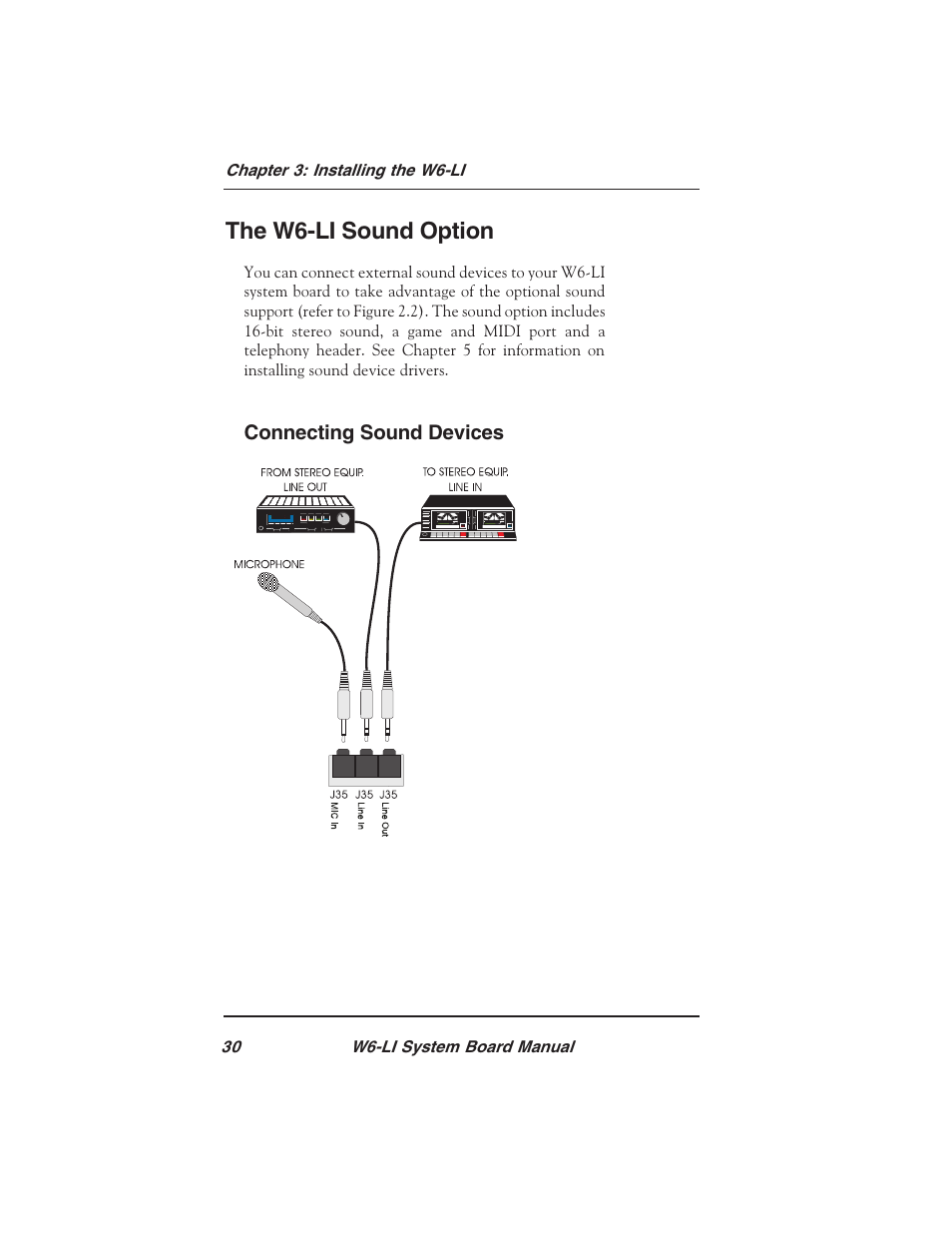 The w6-li sound option | Micronics PENTIUM PRO W6-LI User Manual | Page 32 / 82