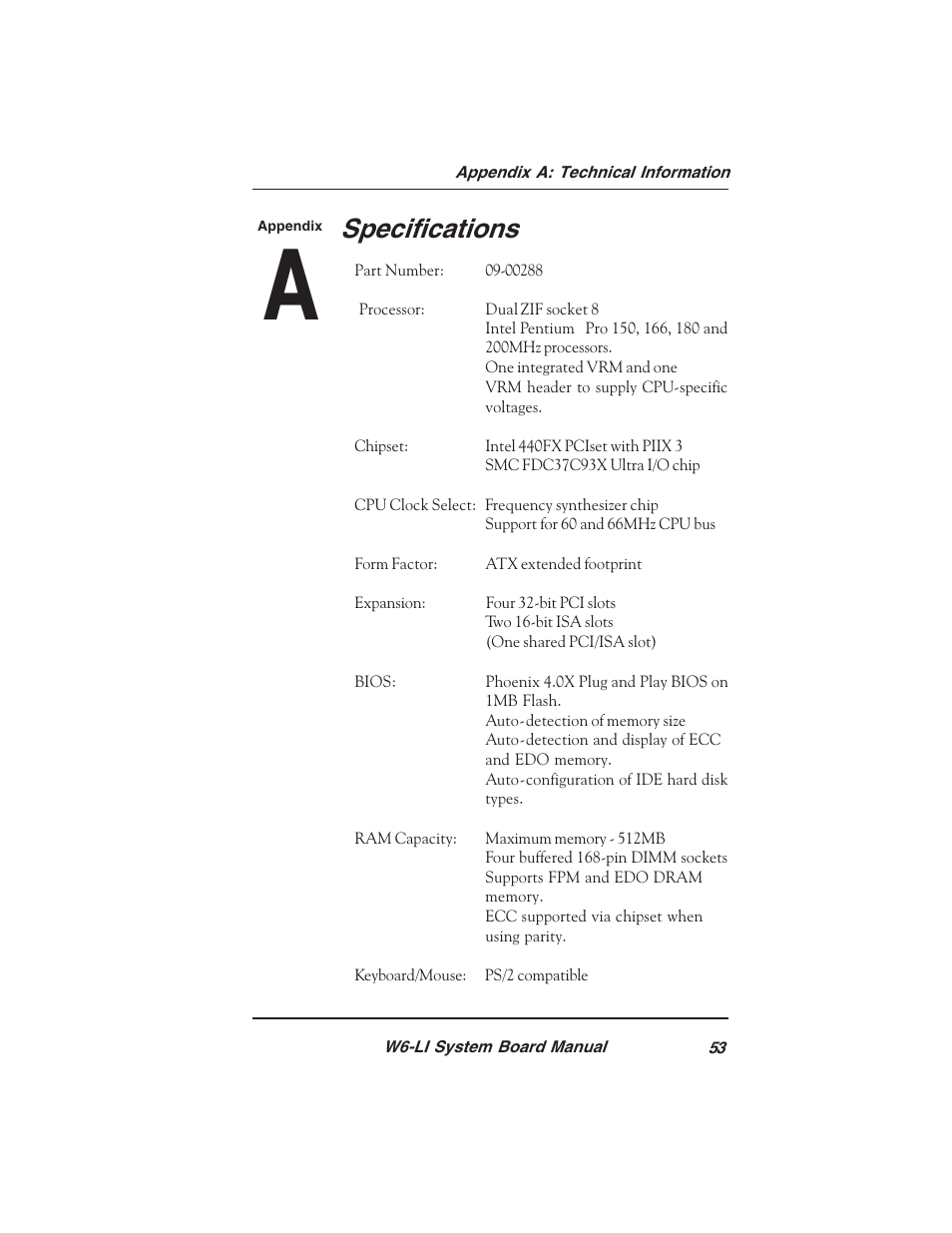 Specifications | Micronics PENTIUM PRO W6-LI User Manual | Page 55 / 82