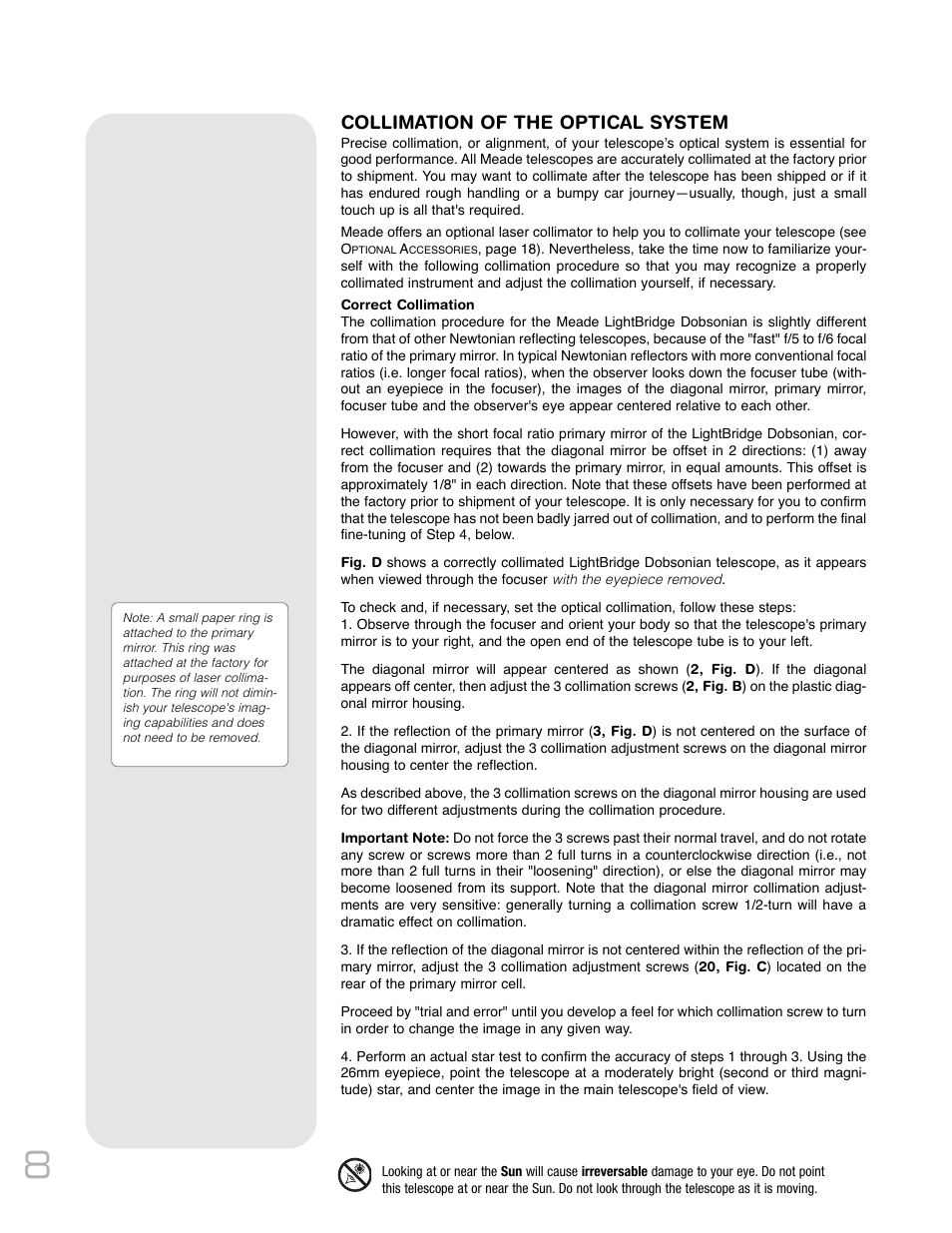 Collimation of the optical system | Meade Instruments LightBridge Truss Tube User Manual | Page 8 / 24
