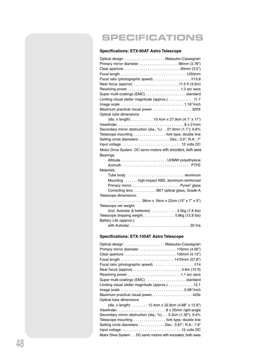 Specifications | Meade Instruments ETX 90AT User Manual | Page 48 / 60