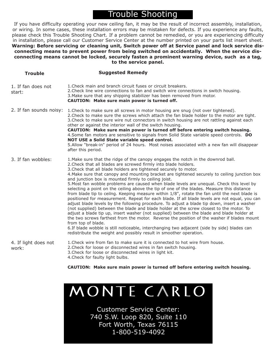 Trouble shooting | Monte Carlo Fan Company 5BY52XX User Manual | Page 5 / 5
