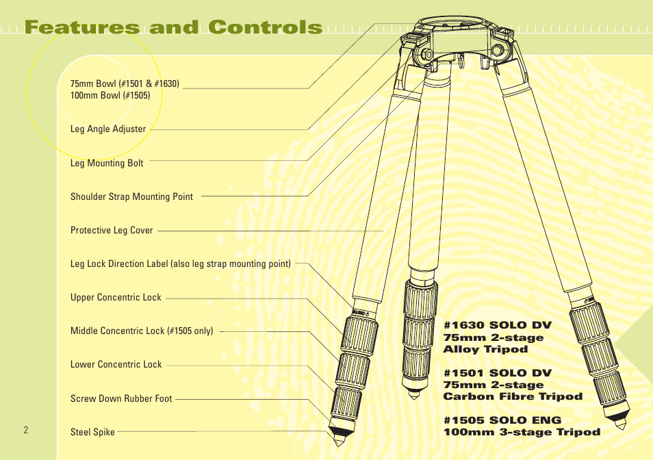Features and controls | Miller Camera Support 1505 User Manual | Page 2 / 8