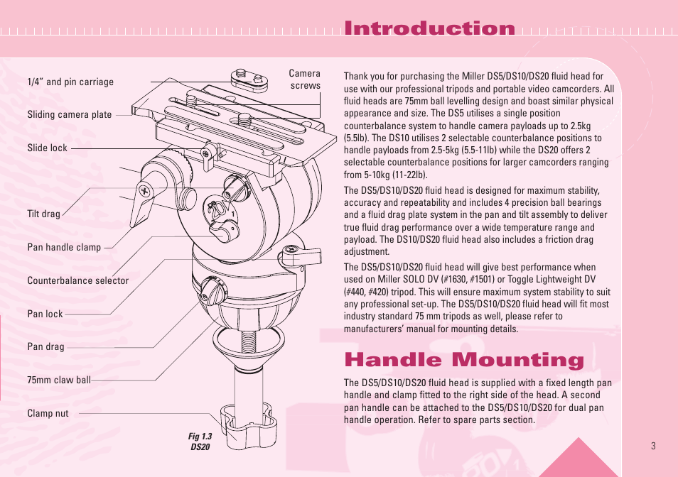 Introduction, Handle mounting | Miller Camera Support DS10 User Manual | Page 3 / 8