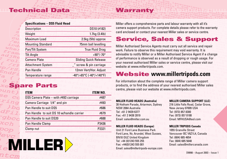 Technical data, Spare parts, Warranty | Service, sales & support, Website | Miller Camera Support DS5 User Manual | Page 4 / 4