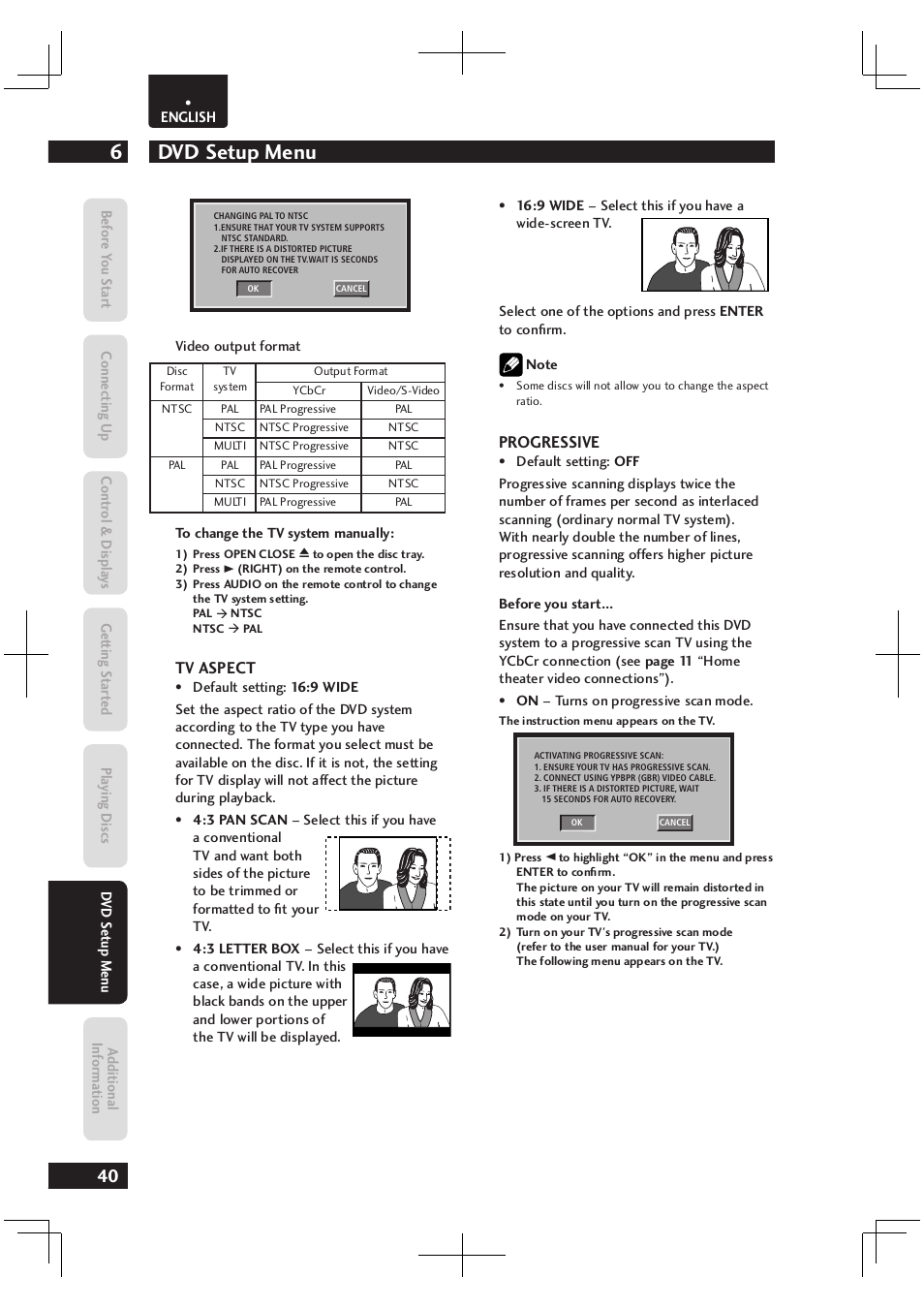 Dvd setup menu 6, Tv aspect, Progressive | Marantz Dv4003 User Manual | Page 40 / 54