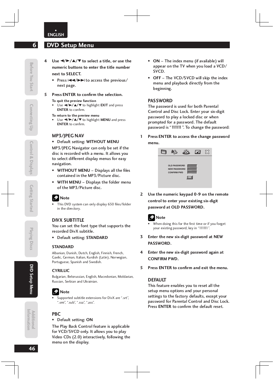 Dvd setup menu 6 | Marantz Dv4003 User Manual | Page 46 / 54
