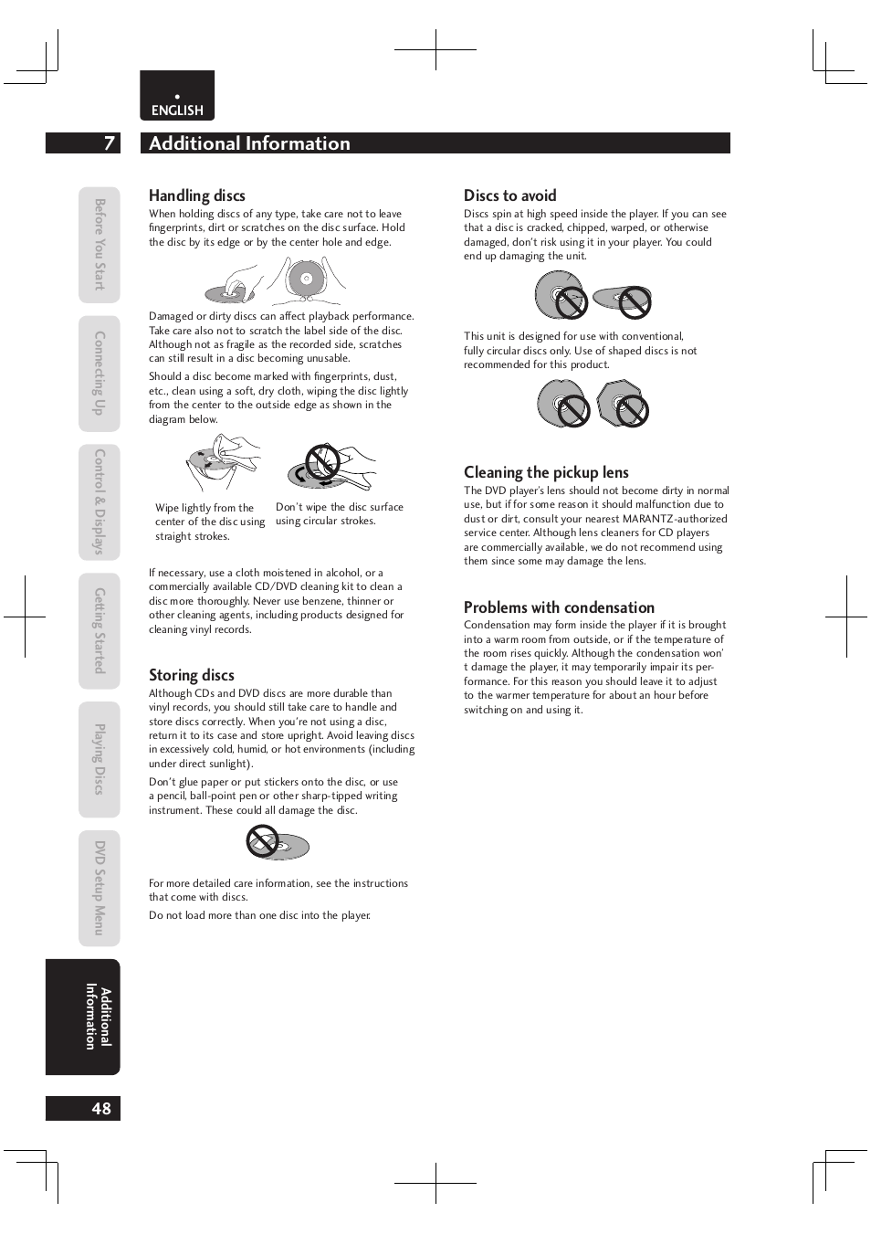 Additional information 7, Handling discs, Storing discs | Discs to avoid, Cleaning the pickup lens, Problems with condensation | Marantz Dv4003 User Manual | Page 48 / 54
