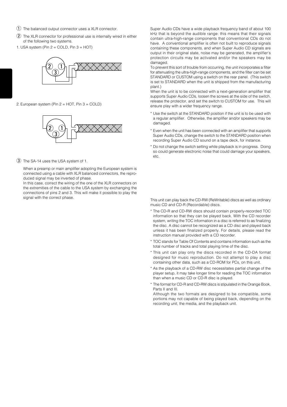 W q e, About balanced jacks, About the filter | Playing cd-rw discs | Marantz SA-14 User Manual | Page 14 / 18