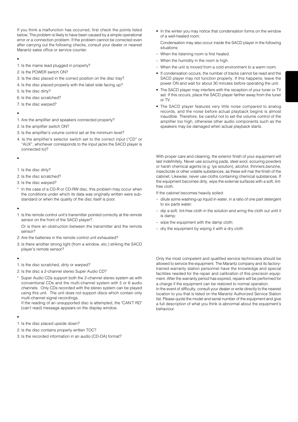 Trouble shooting, Operating precautions, Cleaning of exterior surfaces | Repairs | Marantz SA-14 User Manual | Page 15 / 18