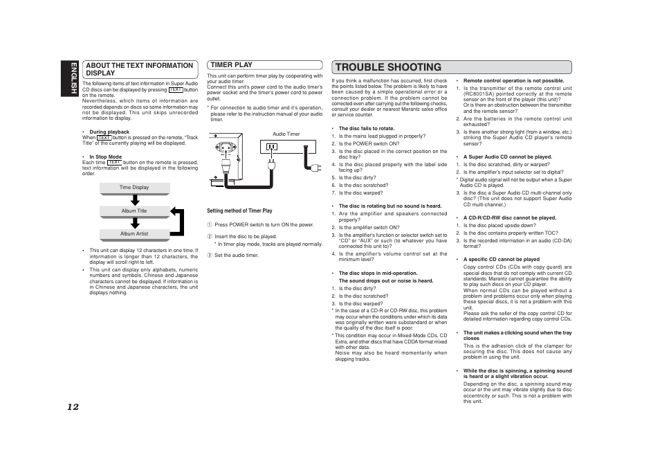 Text display, Timer play (requires additional equipment), Troubleshooting | Trouble shooting | Marantz SA8001 User Manual | Page 15 / 18