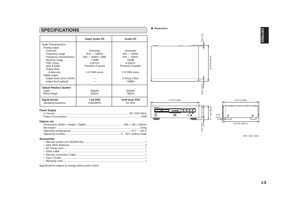 Supplied accessories, Specs, Specifications | Marantz SA8001 User Manual | Page 16 / 18