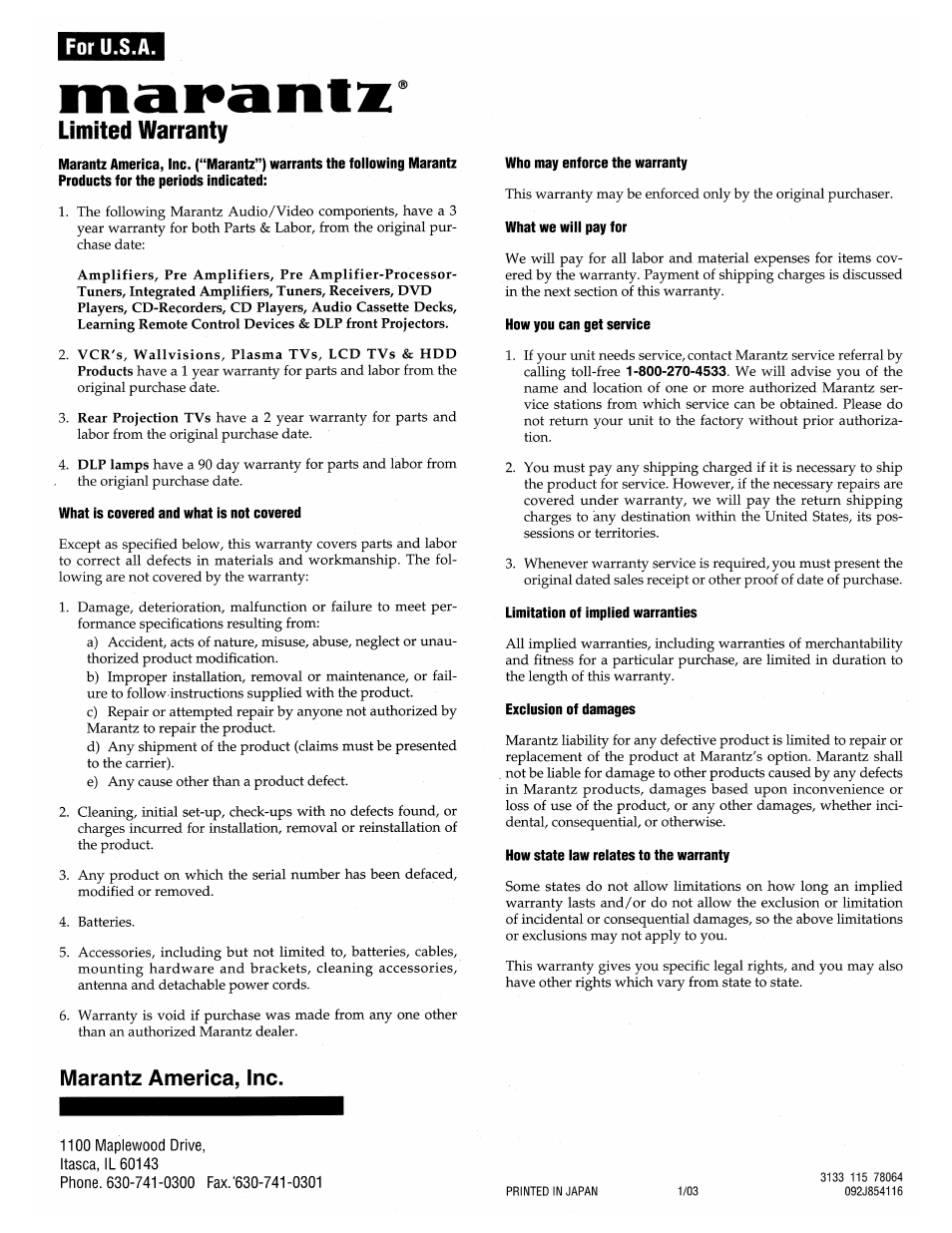 Warranty | Marantz SA8001 User Manual | Page 18 / 18