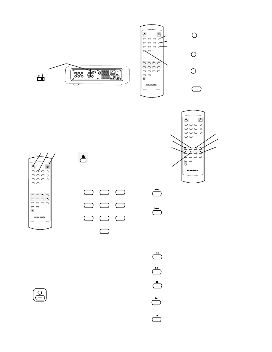 About the remote, Open/close switch for the cdr drive, See page . 1 | Standby power switch. see page, Prog button. see page, Text button. see page, Single button. see page, Stop button. see page, Disp button. see page, Remote | Marantz CDR300 User Manual | Page 29 / 36