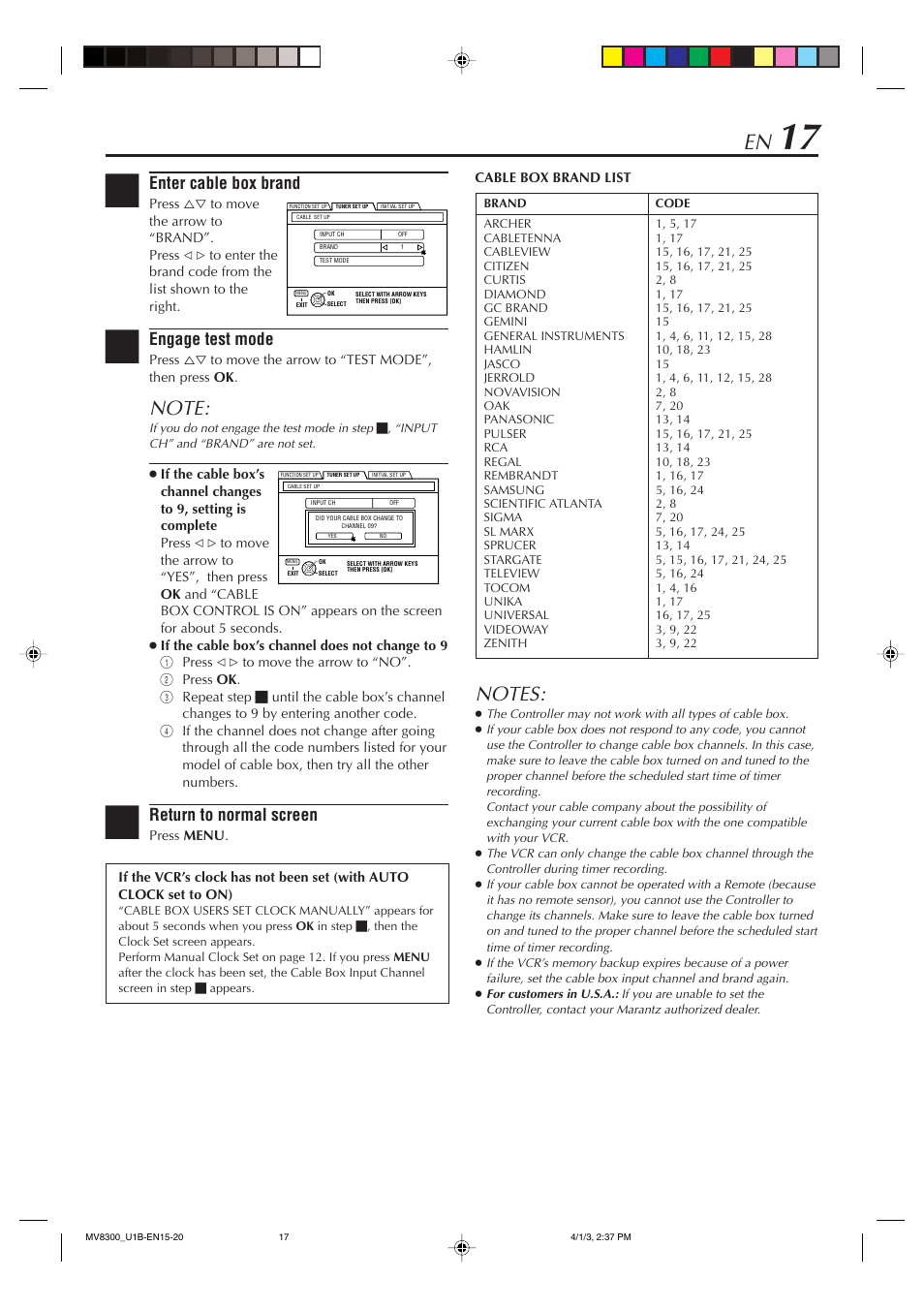 Enter cable box brand, Engage test mode, Return to normal screen | Marantz MV8300 User Manual | Page 17 / 88