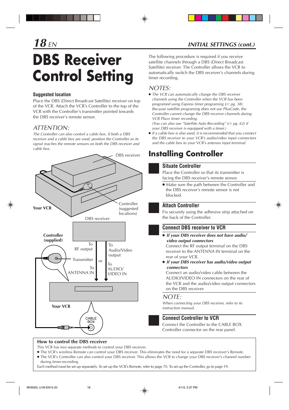 Dbs receiver control setting, Installing controller, Attention | Marantz MV8300 User Manual | Page 18 / 88