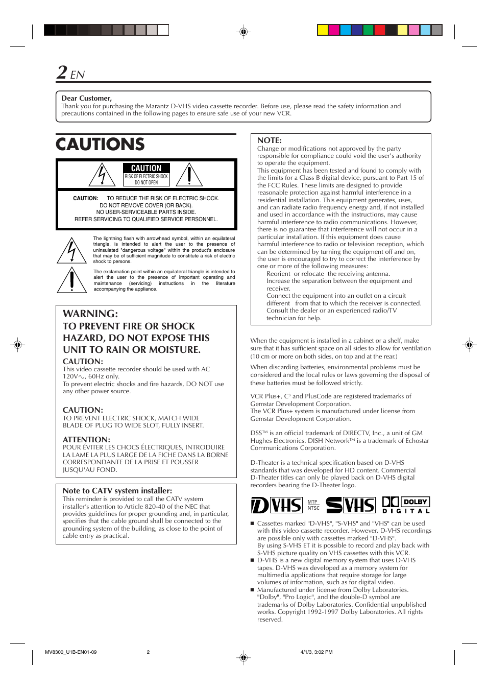 Cautions, Warning | Marantz MV8300 User Manual | Page 2 / 88