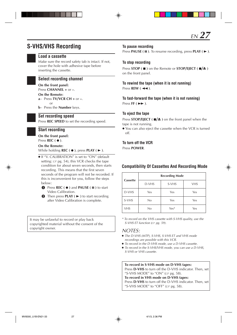 S-vhs/vhs recording | Marantz MV8300 User Manual | Page 27 / 88