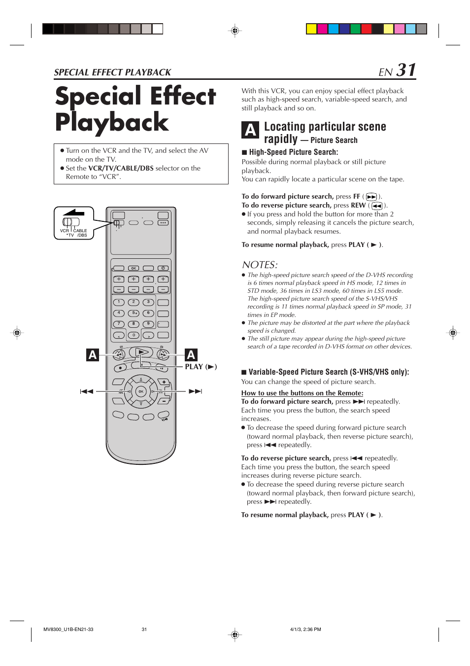 Special effect playback, Locating particular scene rapidly | Marantz MV8300 User Manual | Page 31 / 88