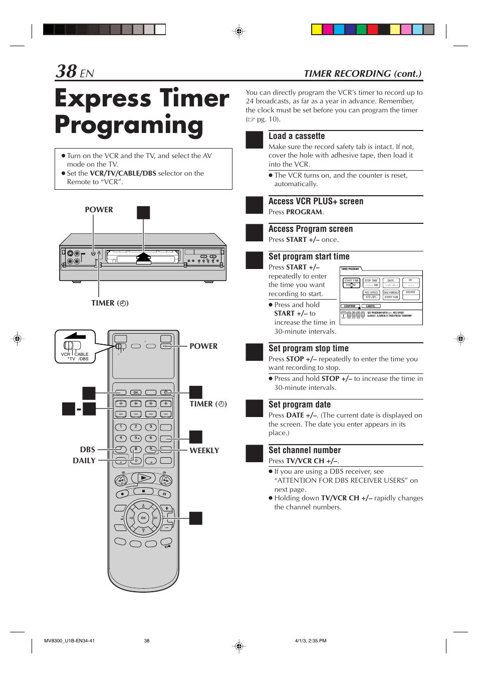 Express timer programing, Timer recording (cont.) | Marantz MV8300 User Manual | Page 38 / 88