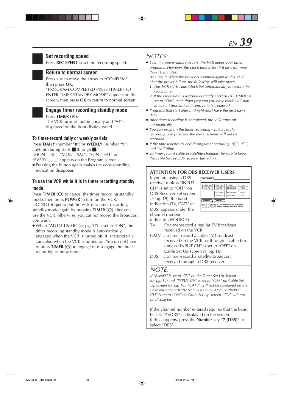 Set recording speed, Return to normal screen, Engage timer recording standby mode | Marantz MV8300 User Manual | Page 39 / 88