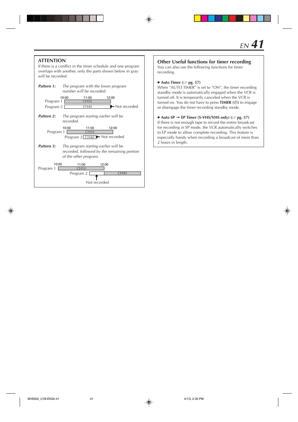 Other useful functions for timer recording, Attention | Marantz MV8300 User Manual | Page 41 / 88