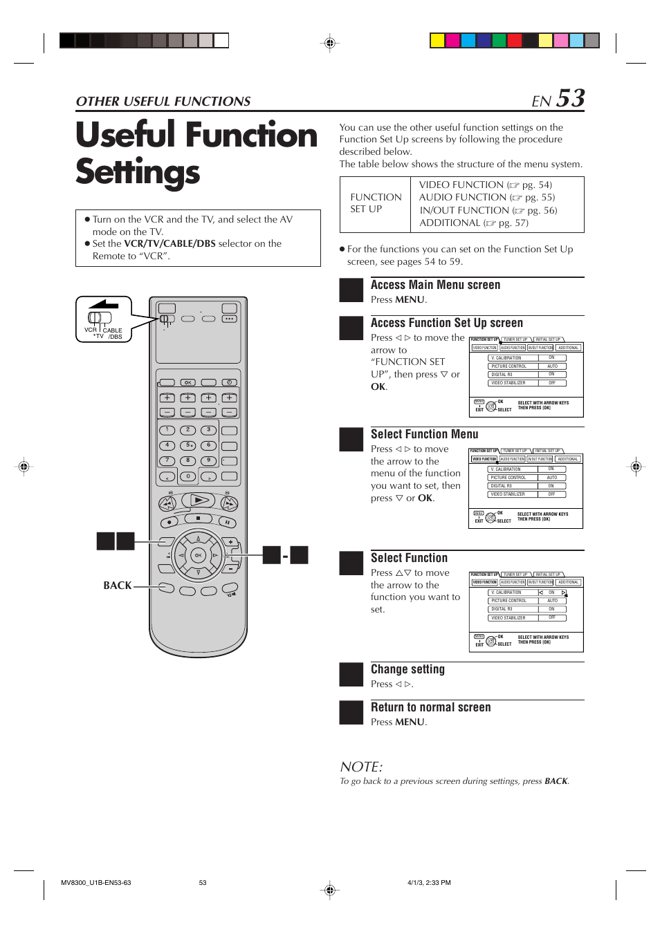 Useful function settings, Other useful functions, Access main menu screen | Access function set up screen, Select function menu, Select function, Change setting, Return to normal screen, Back | Marantz MV8300 User Manual | Page 53 / 88