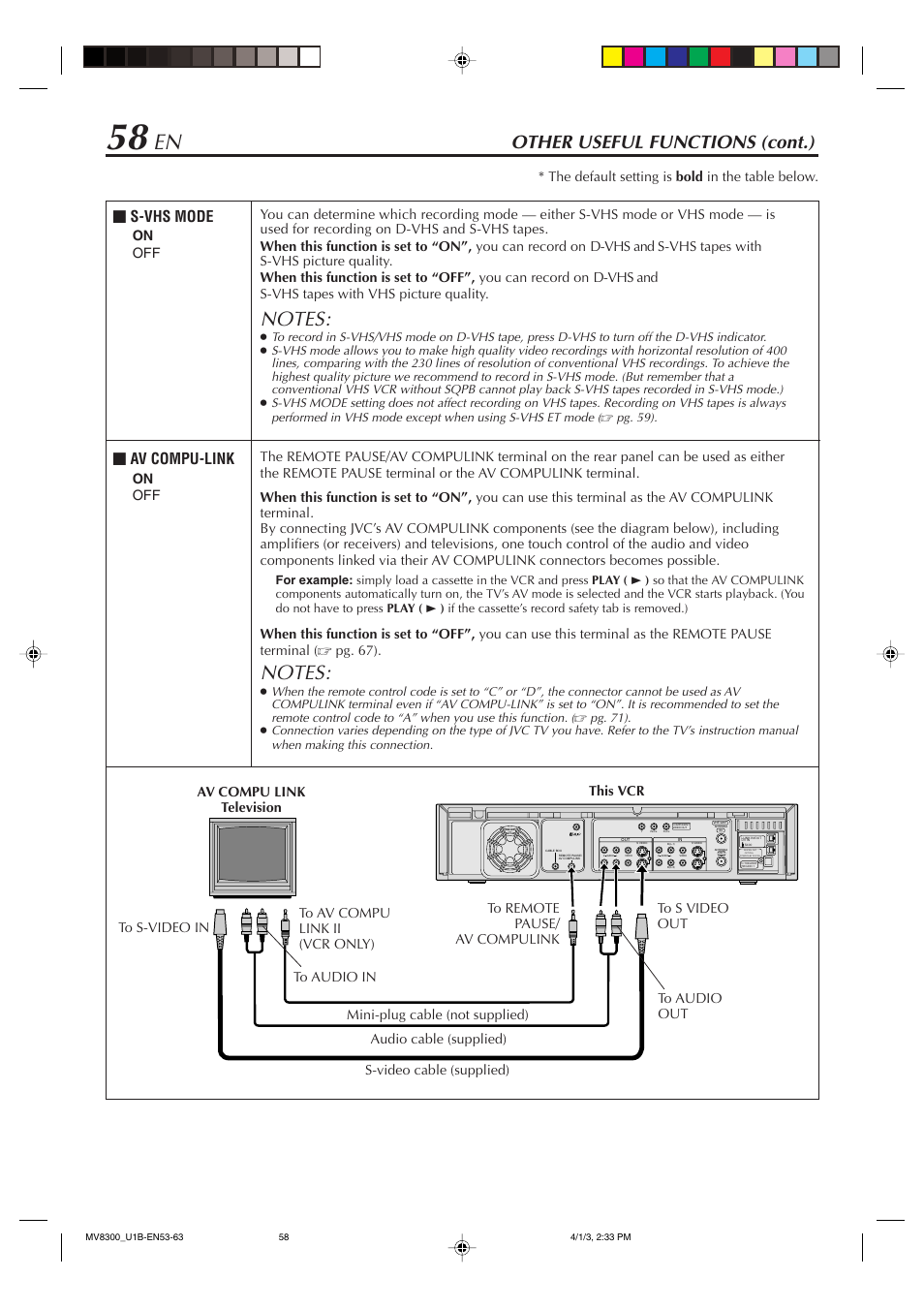 Other useful functions (cont.), Av compu-link, S-vhs mode | Marantz MV8300 User Manual | Page 58 / 88