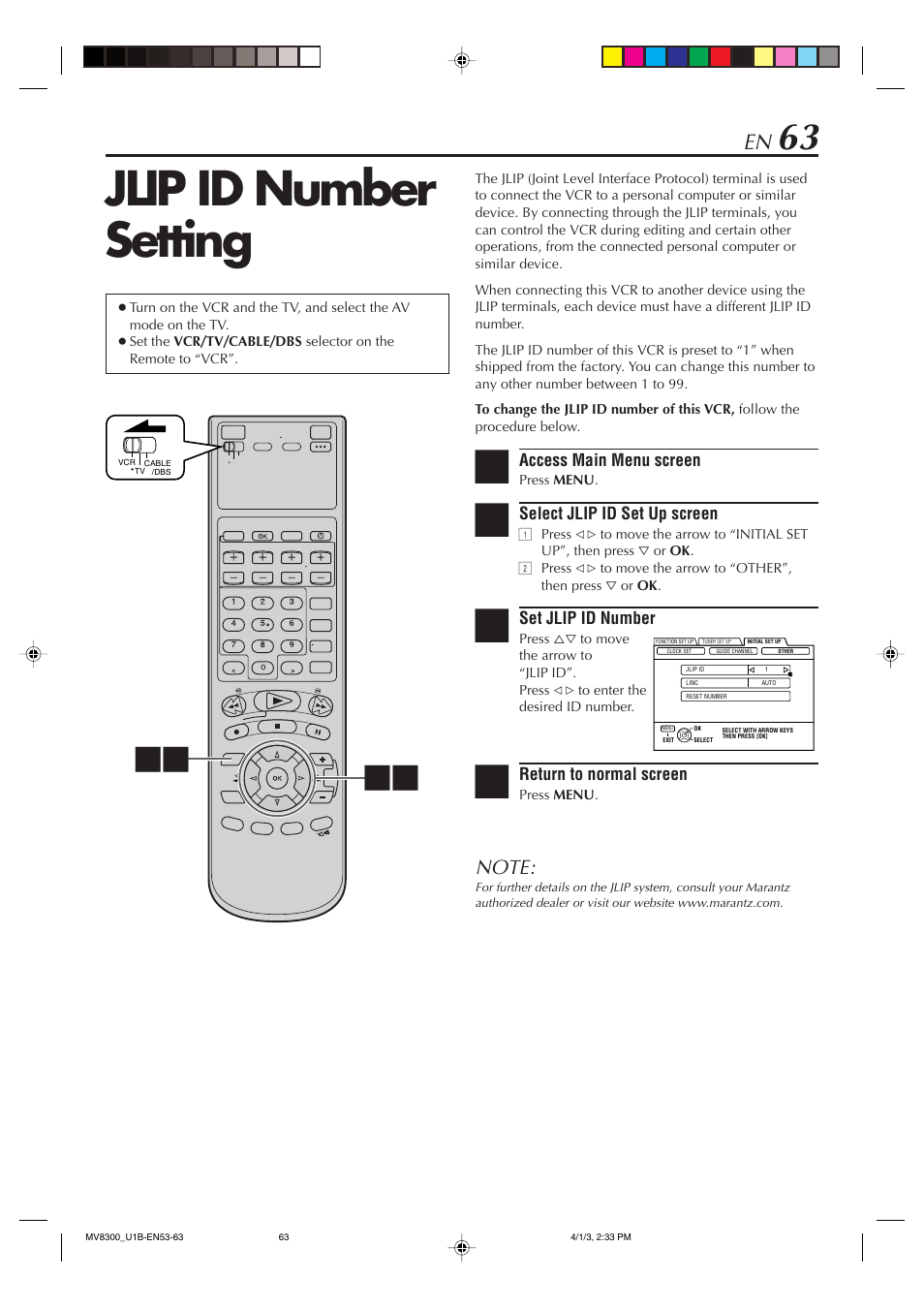 Jlip id number setting | Marantz MV8300 User Manual | Page 63 / 88