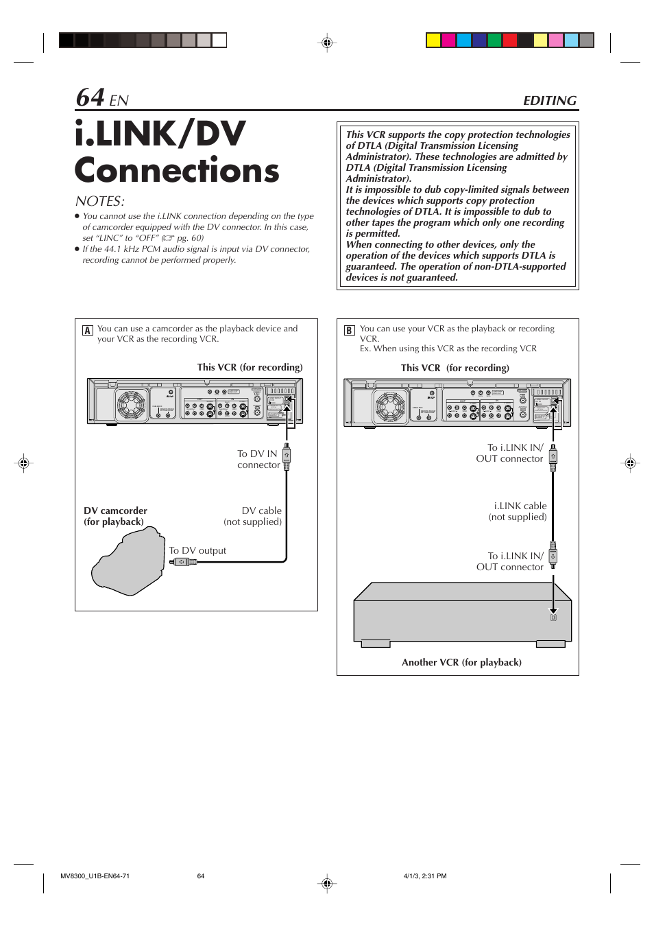 I.link/dv connections, Editing, Digital out optical pcm/dolby digital r | Digital out optical pcm/dolby digital, Pg. 60) | Marantz MV8300 User Manual | Page 64 / 88