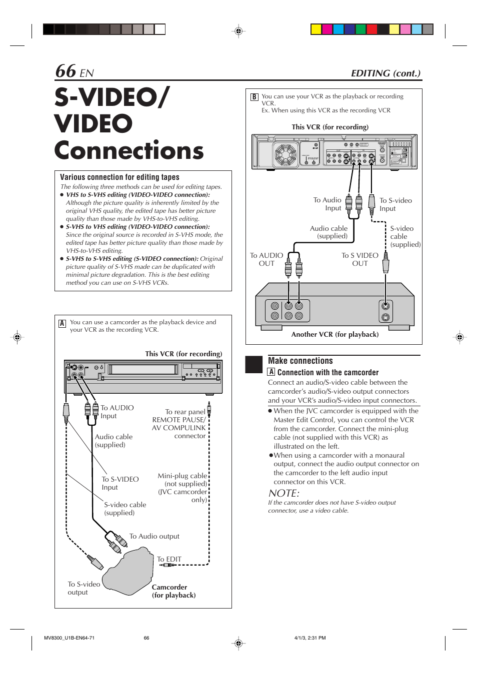 S-video/ video connections, Editing (cont.), Make connections | Connection with the camcorder, Various connection for editing tapes | Marantz MV8300 User Manual | Page 66 / 88