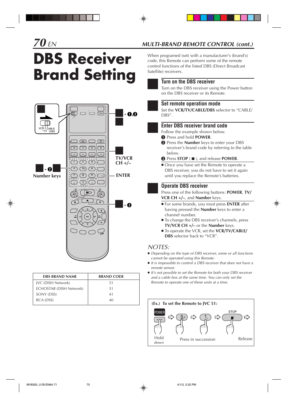 Dbs receiver brand setting | Marantz MV8300 User Manual | Page 70 / 88