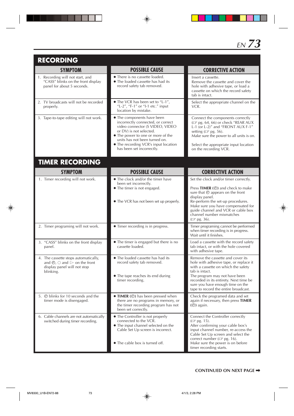 Recording, Timer recording, Corrective action | Possible cause, Symptom | Marantz MV8300 User Manual | Page 73 / 88