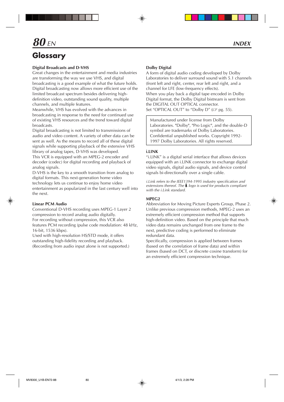 Glossary | Marantz MV8300 User Manual | Page 80 / 88