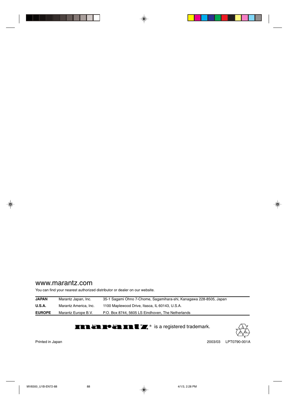 Is a registered trademark | Marantz MV8300 User Manual | Page 88 / 88