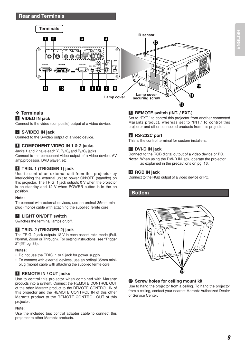 Rear and terminals, Terminals, Bottom | English, Zvideo in jack, Xs-video in jack, Ccomponent video in 1 & 2 jacks, Vtrig. 1 (trigger 1) jack, Blight on/off switch, Ntrig. 2 (trigger 2) jack | Marantz Model VP-10S1 User Manual | Page 11 / 47