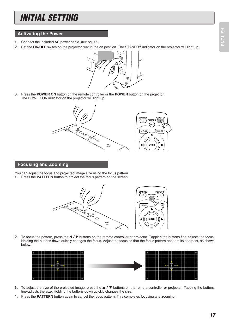 Initial setting, Focusing and zooming, Activating the power | English, Connect the included ac power cable, Pg. 15) | Marantz Model VP-10S1 User Manual | Page 19 / 47