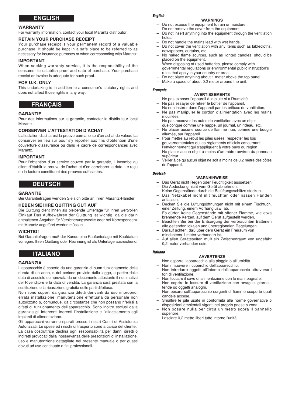 Italiano deutsch français english | Marantz Model VP-10S1 User Manual | Page 2 / 47