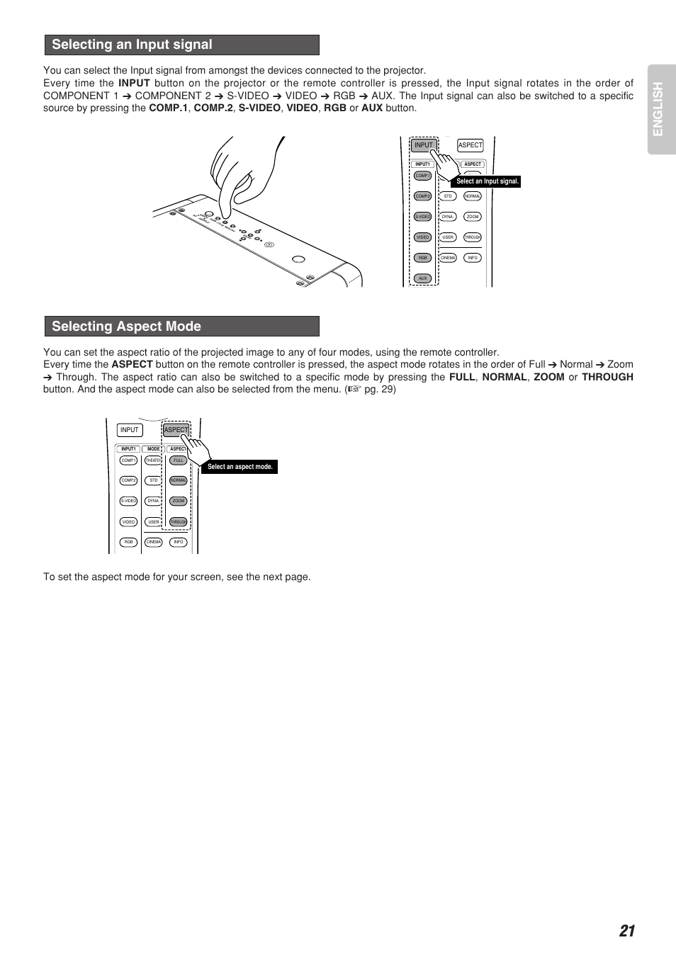 Selecting aspect mode, Selecting an input signal, English | Marantz Model VP-10S1 User Manual | Page 23 / 47