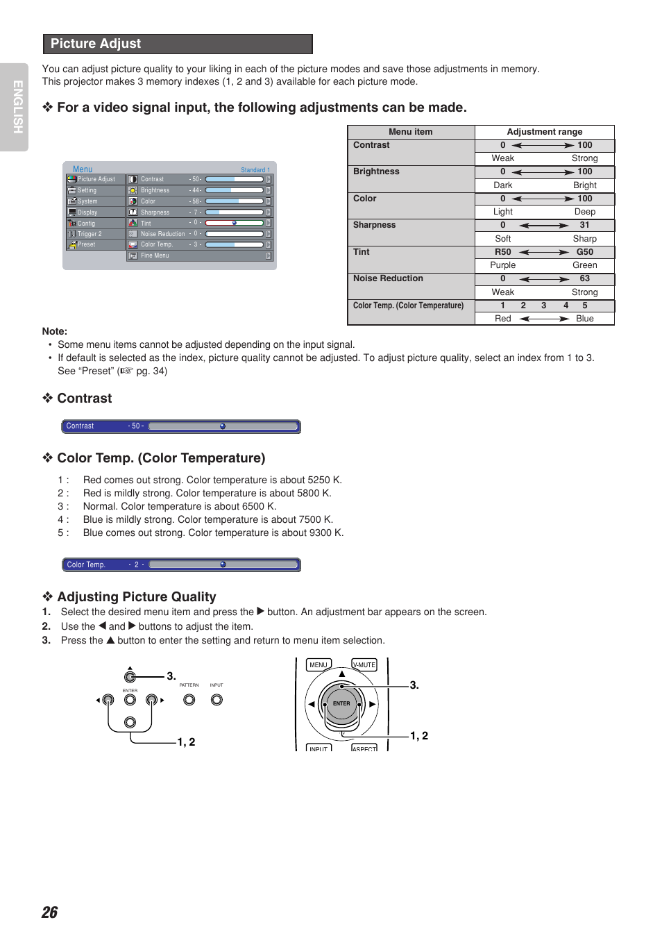 Contrast, Color temp. (color temperature), Adjusting picture quality | Picture adjust, English | Marantz Model VP-10S1 User Manual | Page 28 / 47