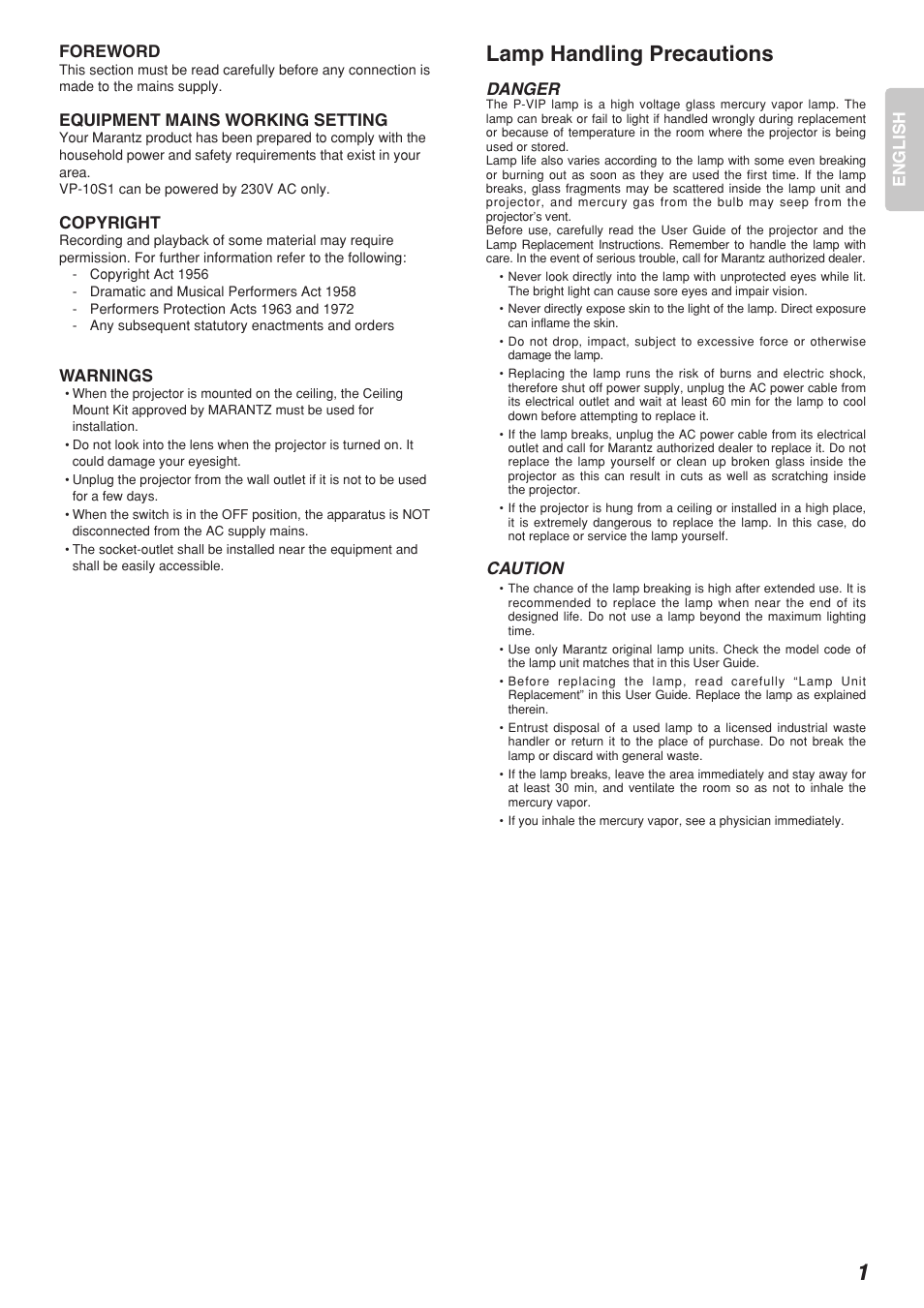 Lamp handling precautions | Marantz Model VP-10S1 User Manual | Page 3 / 47